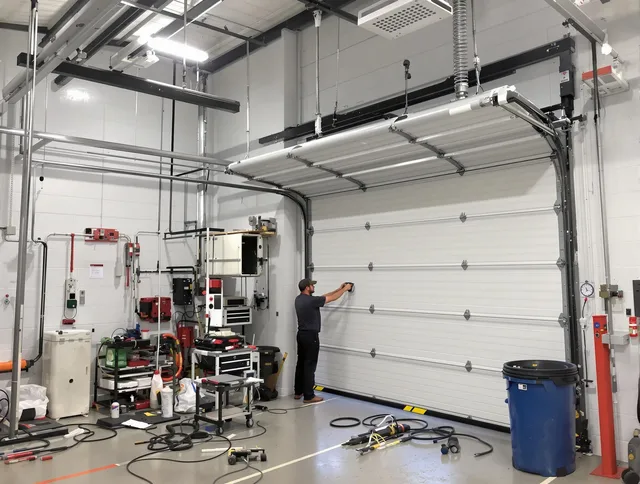 La Habra Garage Door Repair certified technician performing commercial door repair at a La Habra business facility