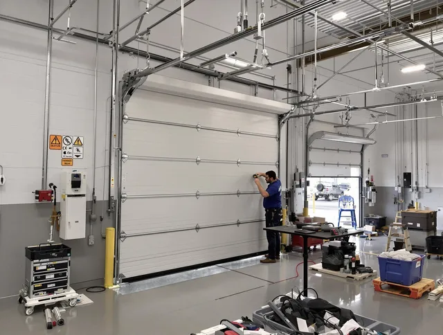 Commercial garage door repair being performed by La Habra Garage Door Repair expert in La Habra