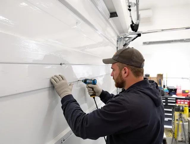 La Habra Garage Door Repair technician demonstrating precision dent removal techniques on a La Habra garage door
