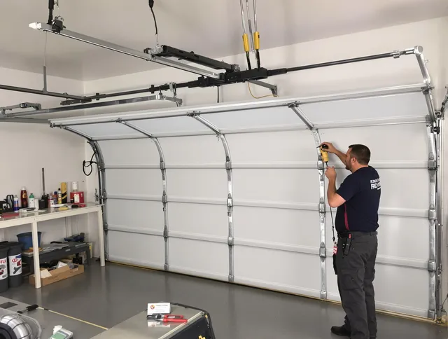 La Habra Garage Door Repair certified technician performing overhead door system repair in La Habra