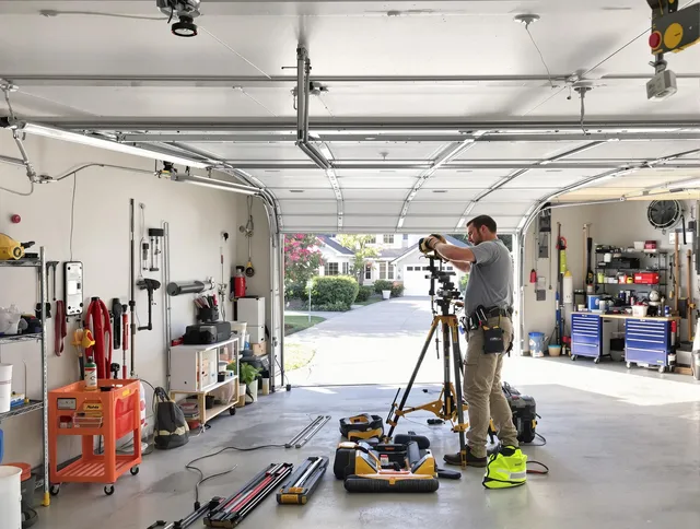 La Habra Garage Door Repair specialist performing laser-guided track alignment in La Habra